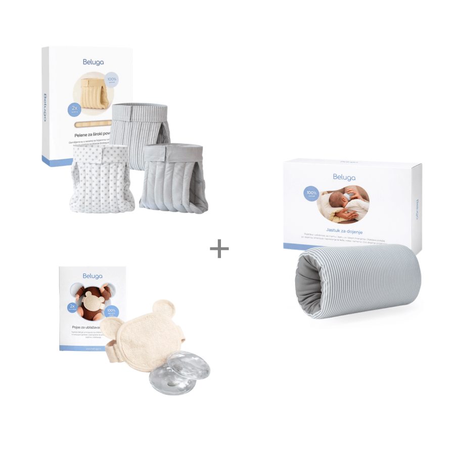 Beluga set za novorođanče, pojas za grčeve, pelene za široki povoj i jastuk za dojenje sivo